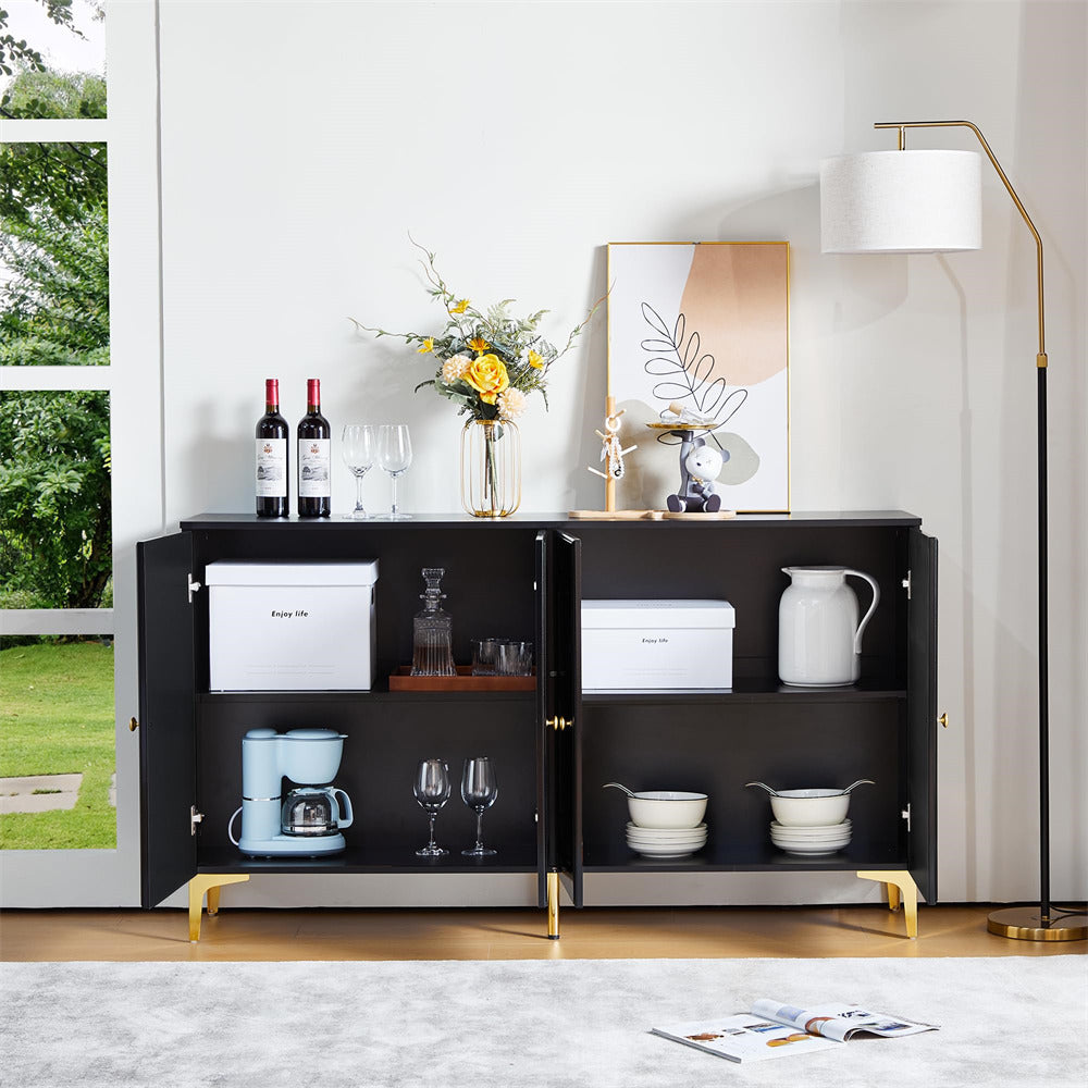 Modern Sideboard Kitchen Storage Cabinet Black with 4 Doors and Adjustable Shelves