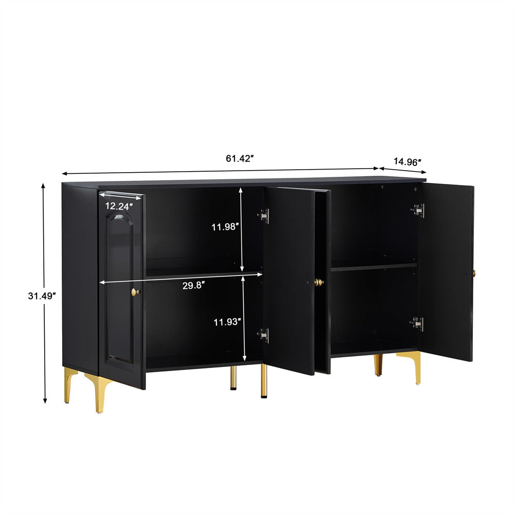 Modern Sideboard Kitchen Storage Cabinet Black with 4 Doors and Adjustable Shelves