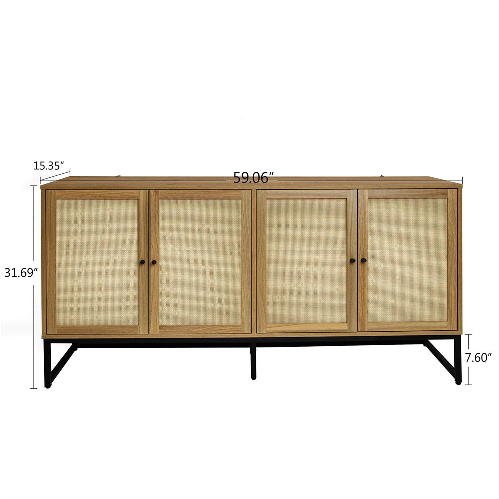 Modern Sideboard Storage Cabinet Walnut with 4 Rattan Doors Size