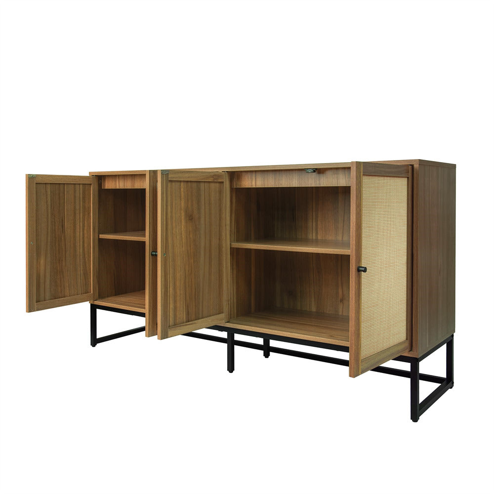 Modern Sideboard Storage Cabinet Walnut with 4 Rattan Doors