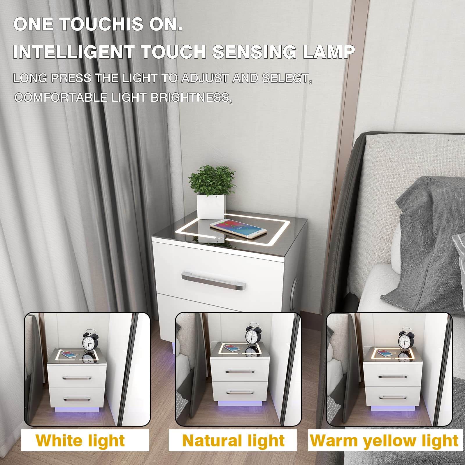 Modern Smart Nightstand with Charging Station Wireless and 2 Storage Drawers & LED Lights