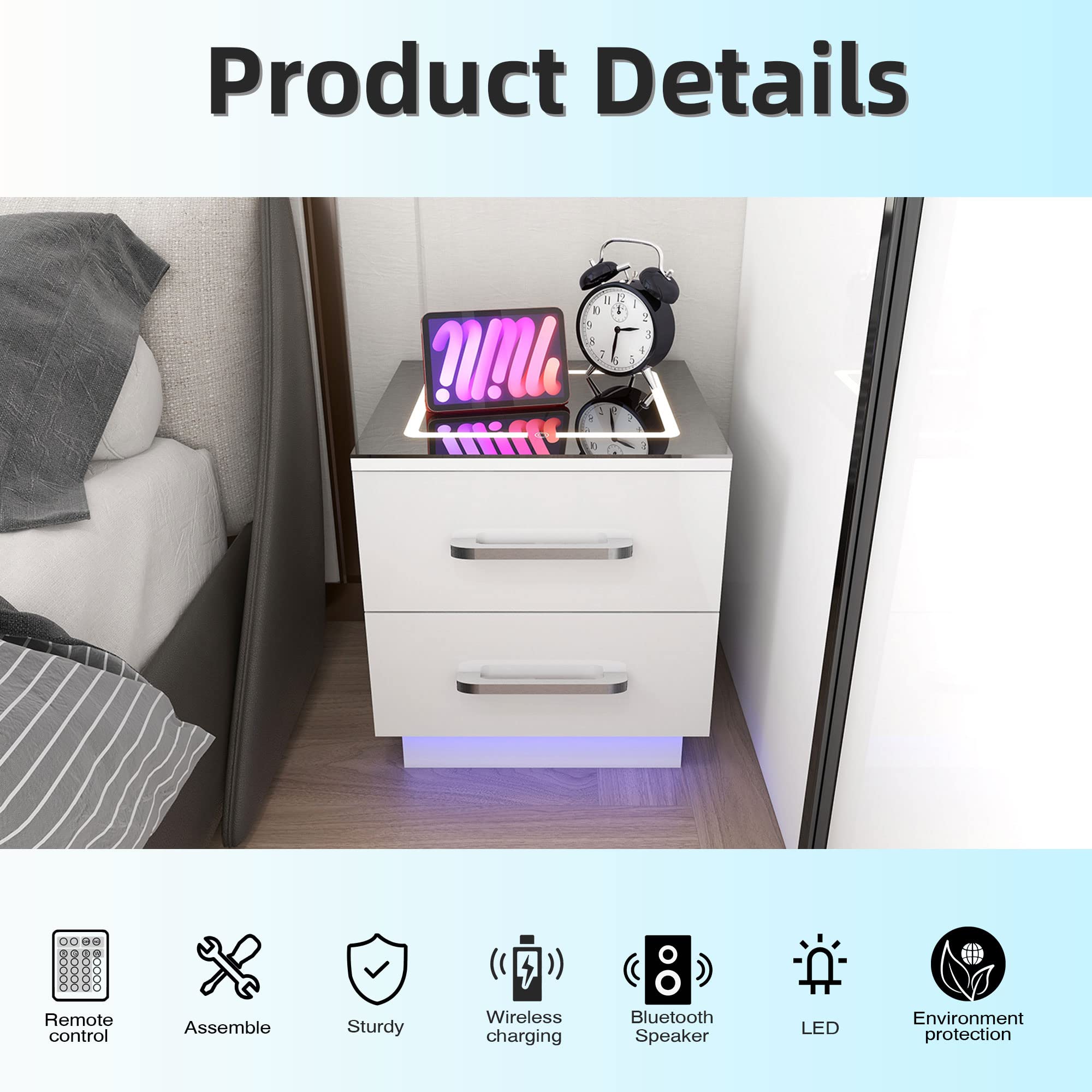 Modern Smart Nightstand with Charging Station Wireless and 2 Storage Drawers & LED Lights