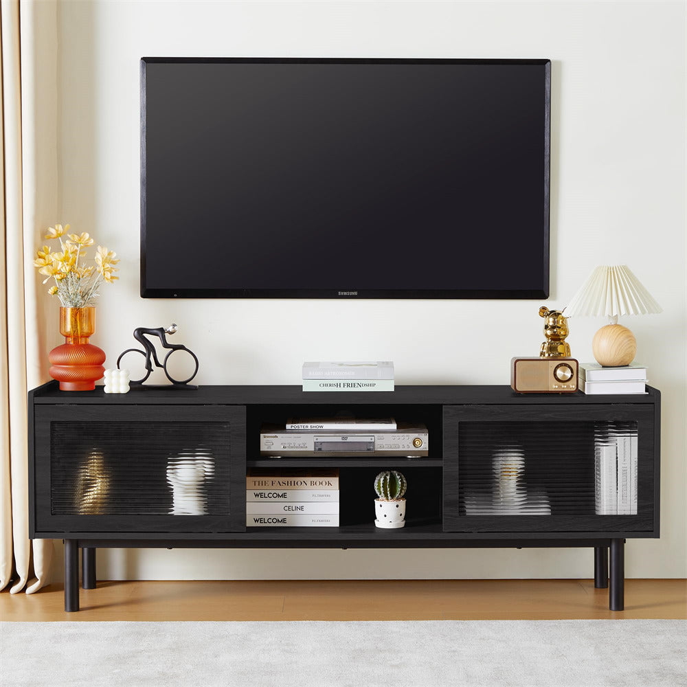 Modern TV Stand Console Table Black with Glass Sliding Door and Adjustable Shelves