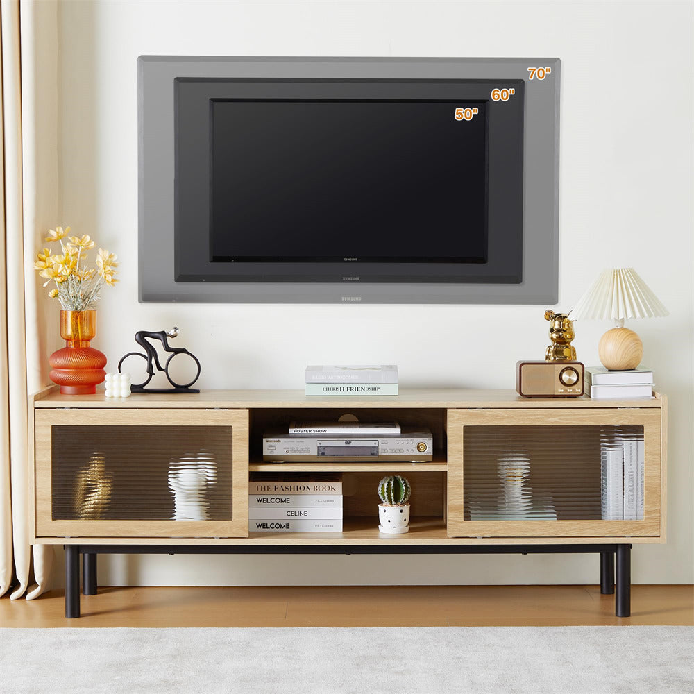 Modern TV Stand Console Table Natural with Glass Sliding Door and Adjustable Shelves
