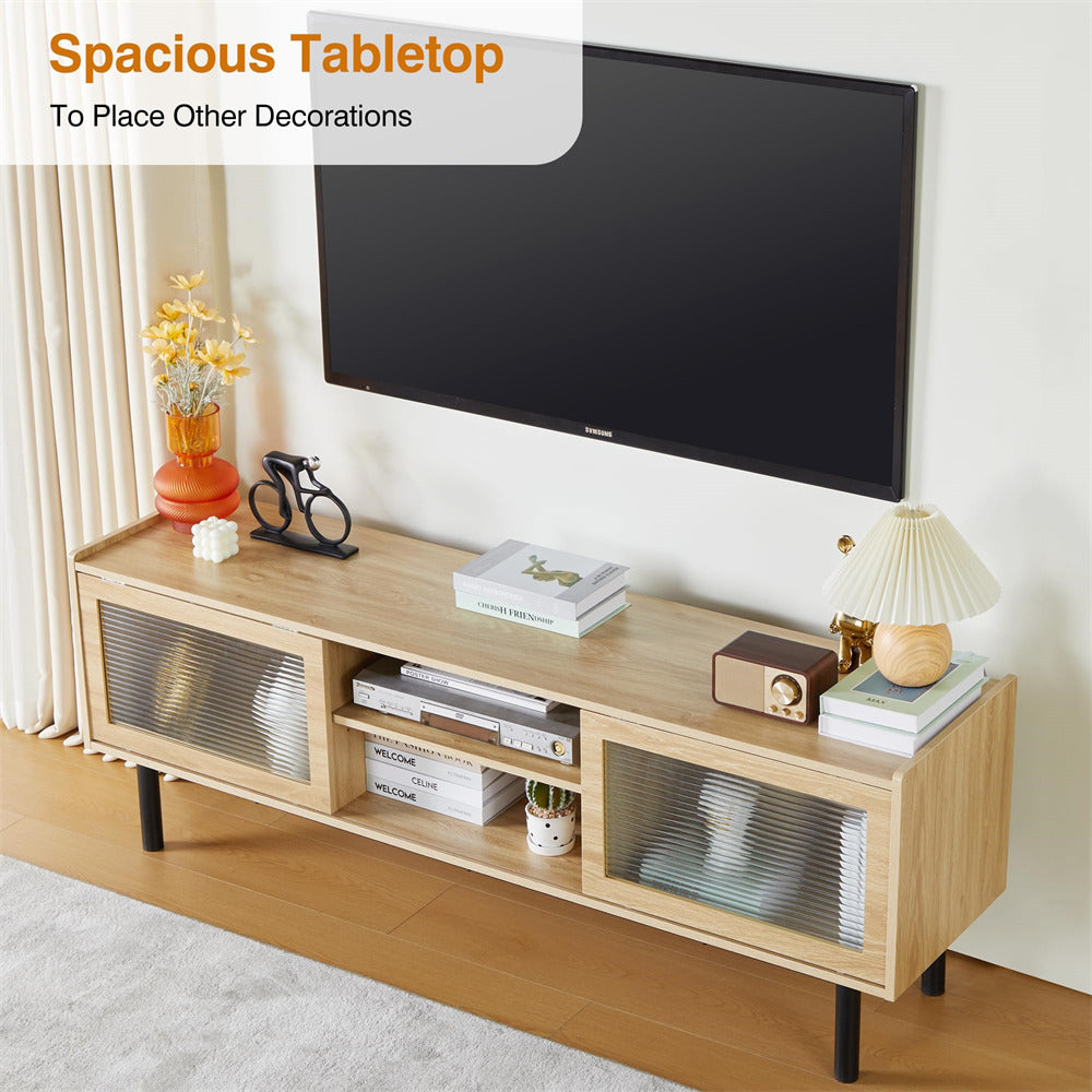 Modern TV Stand Console Table Natural with Glass Sliding Door and Adjustable Shelves