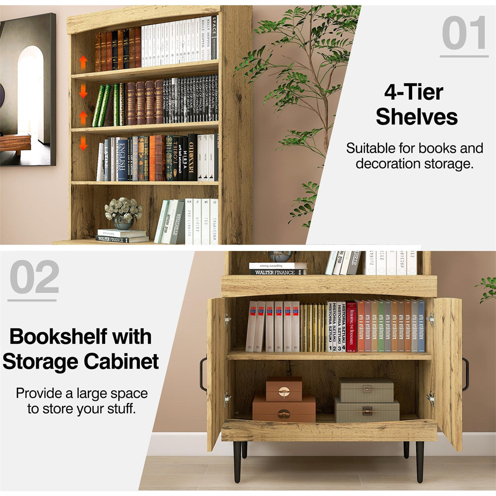  Modern Utility Pantry Cabinet Kitchen Storage Cabinet Walnut with Bookshelf and Adjustable Shelves