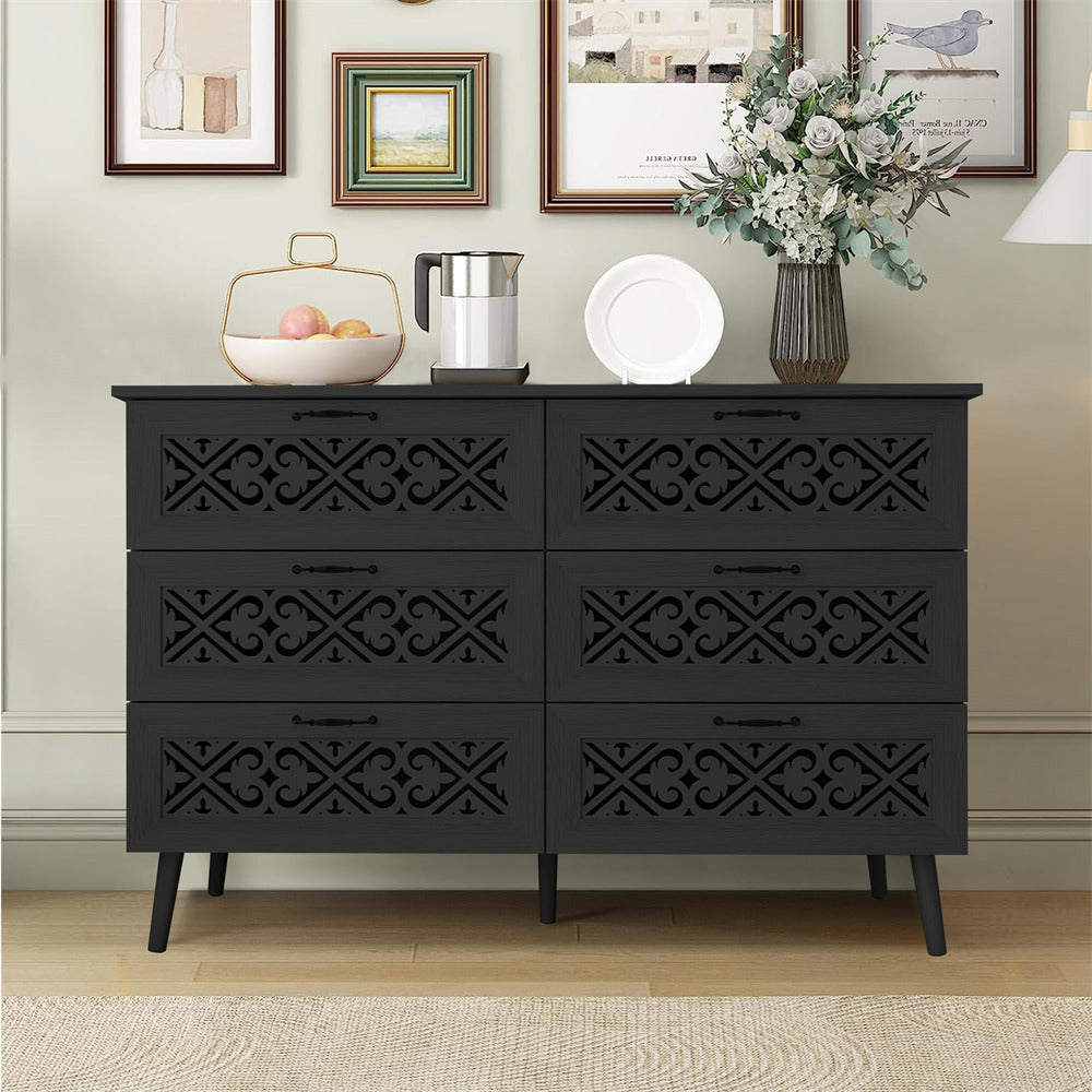 Modern Wooden 6 Drawer Dresser Storage Cabinet Black with Hollow Carving Design