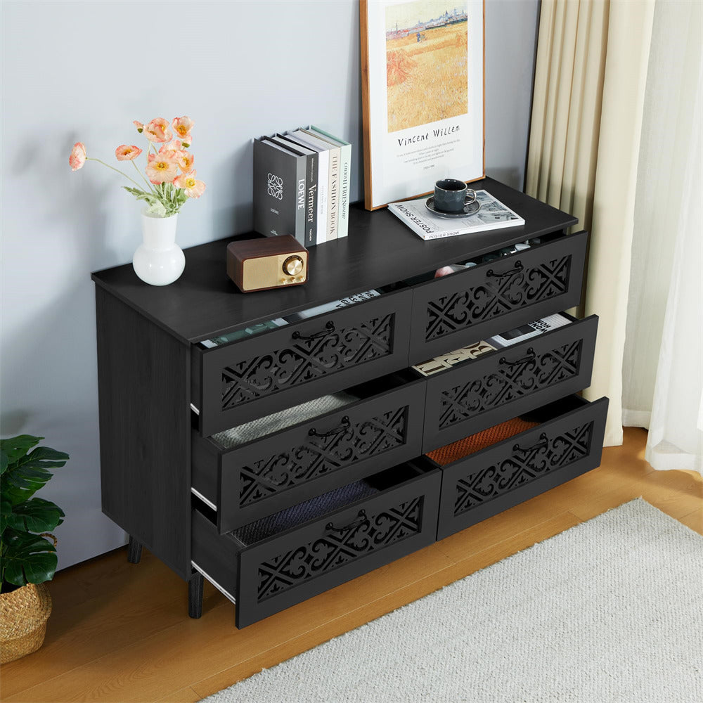 Modern Wooden 6 Drawer Dresser Storage Cabinet Black with Hollow Carving Design