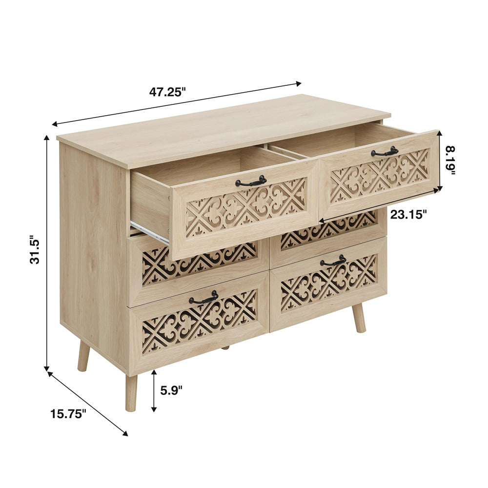 Modern Wooden 6 Drawer Dresser Storage Cabinet Natural with Hollow Carving Design