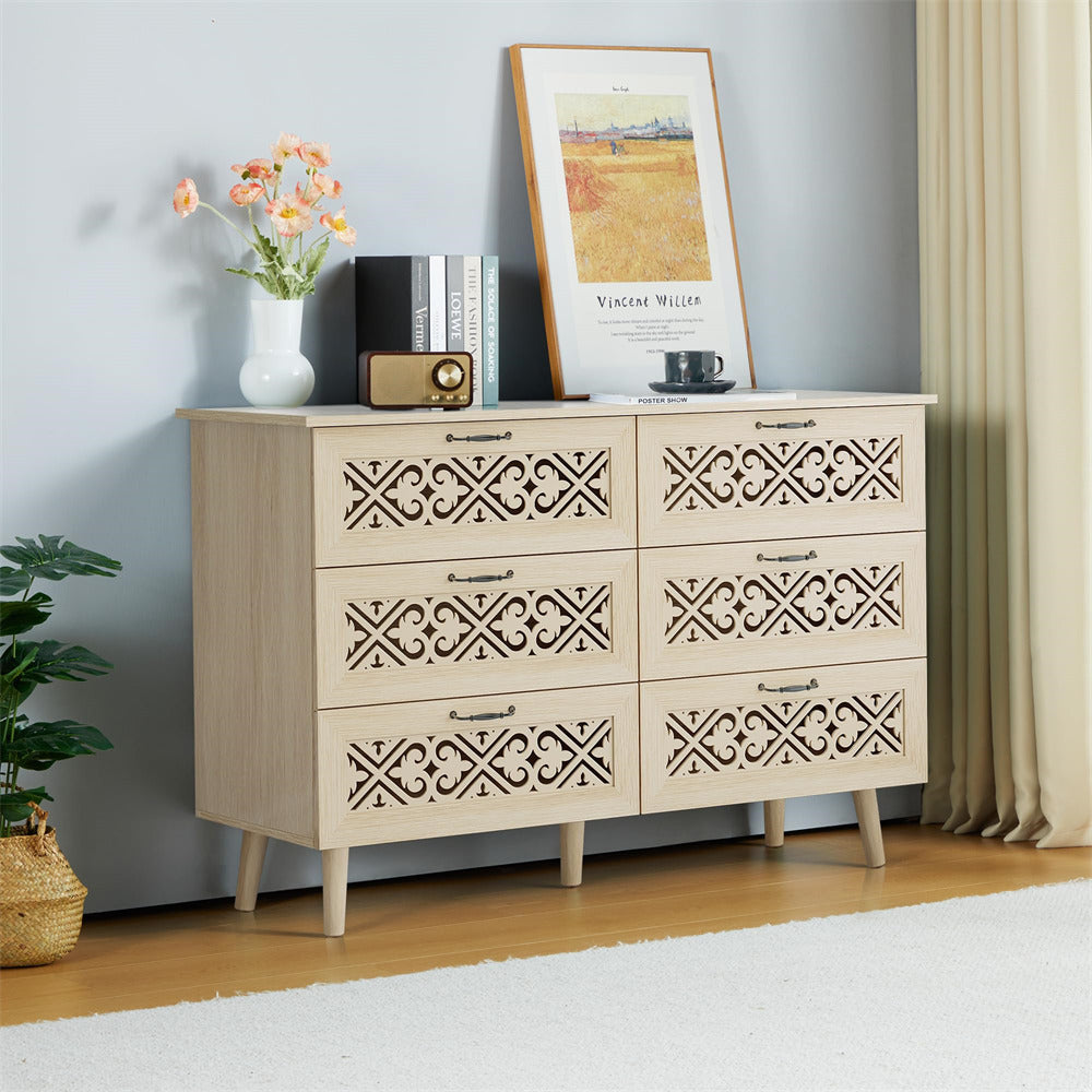 Modern Wooden 6 Drawer Dresser Storage Cabinet Natural with Hollow Carving Design