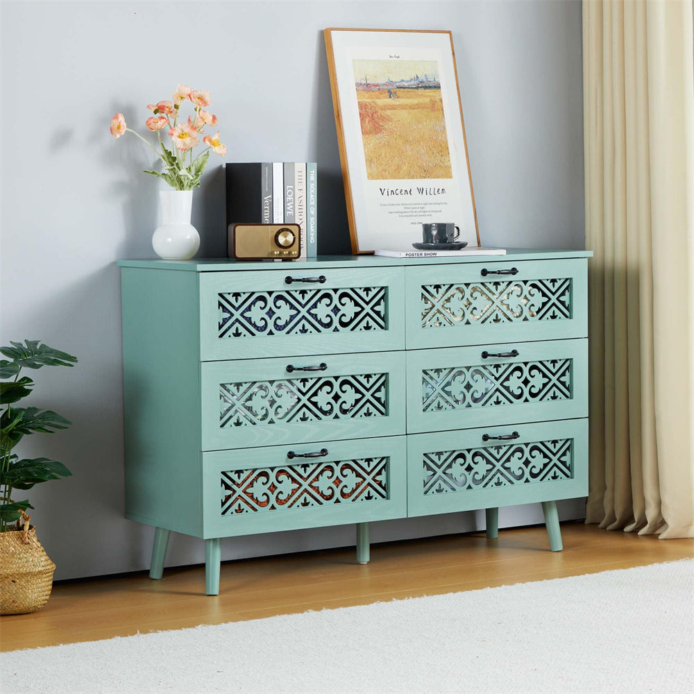 Modern Wooden 6 Drawer Dresser Storage with Hollow Carving Des