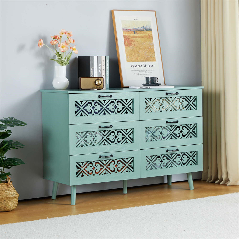 Modern Wooden 6 Drawer Dresser Storage Cabinet Green with Hollow Carving Design
