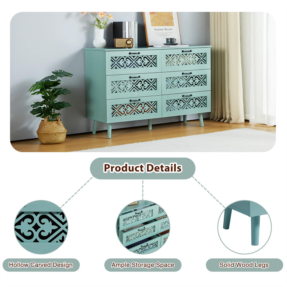 Modern Wooden 6 Drawer Dresser Storage Cabinet Green with Hollow Carving Design