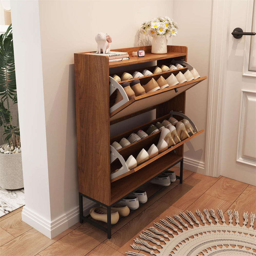 Modern 16-Pair Wood Shoe Cabinet Entryway Shoe Rack with 2 Flip Drawers