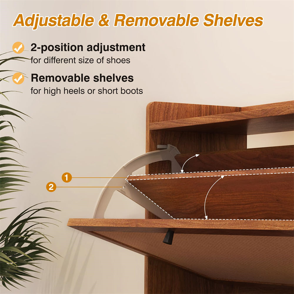 Modern Wooden Entryway Narrow Shoe Cabinet Freestanding Tipping Bucket Shoe Cabinet with 2 Flip Drawers Walnut Color
