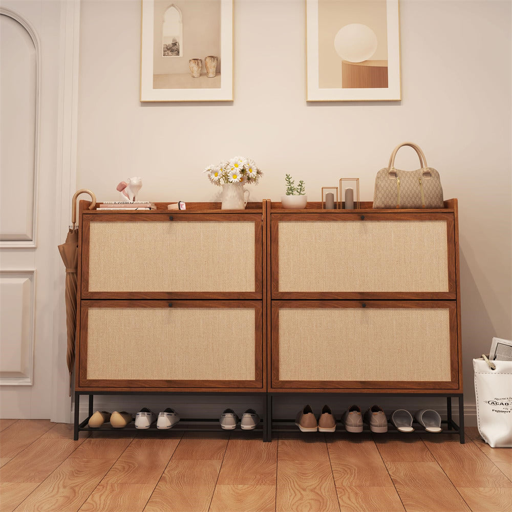 Modern Wooden Entryway Narrow Shoe Cabinet Freestanding Tipping Bucket Shoe Cabinet with 2 Flip Drawers Walnut Color