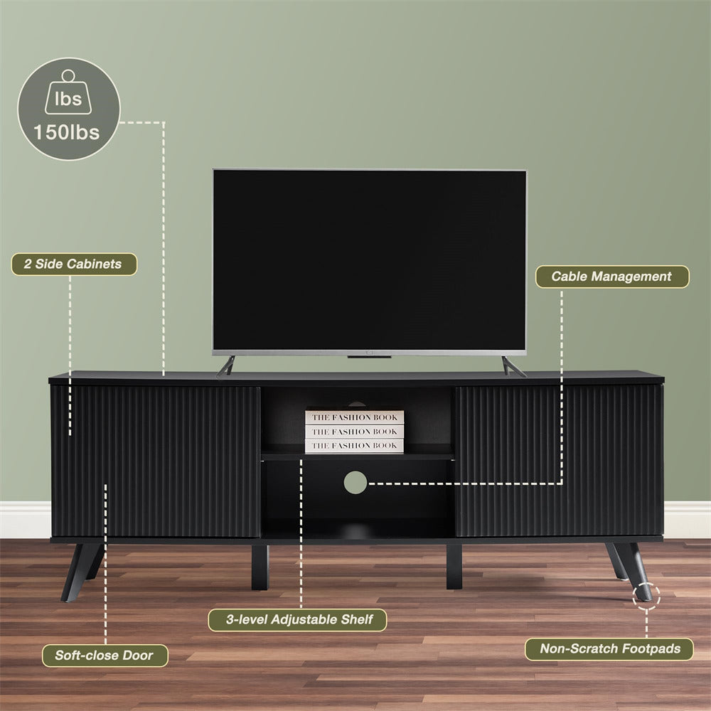 Modern Wooden TV Stand Console Table with Storage and Fluted Door Black 