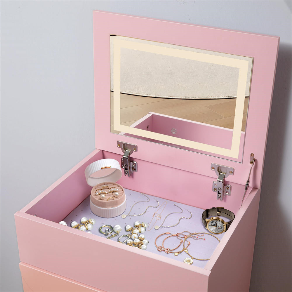Multifunction 3 Drawer Dresser Table with Adjustment Lights and Folding Mirror Pink