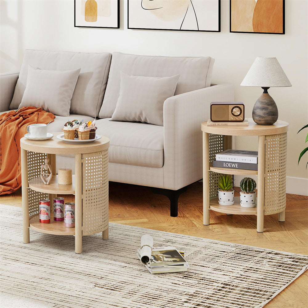 Living room with beige sofa, side table, and coffee table.