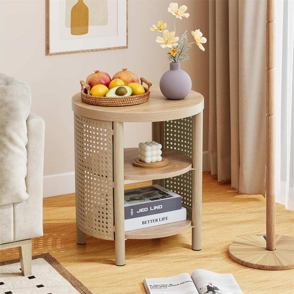 Round wooden side table with wicker design in a living room setting.