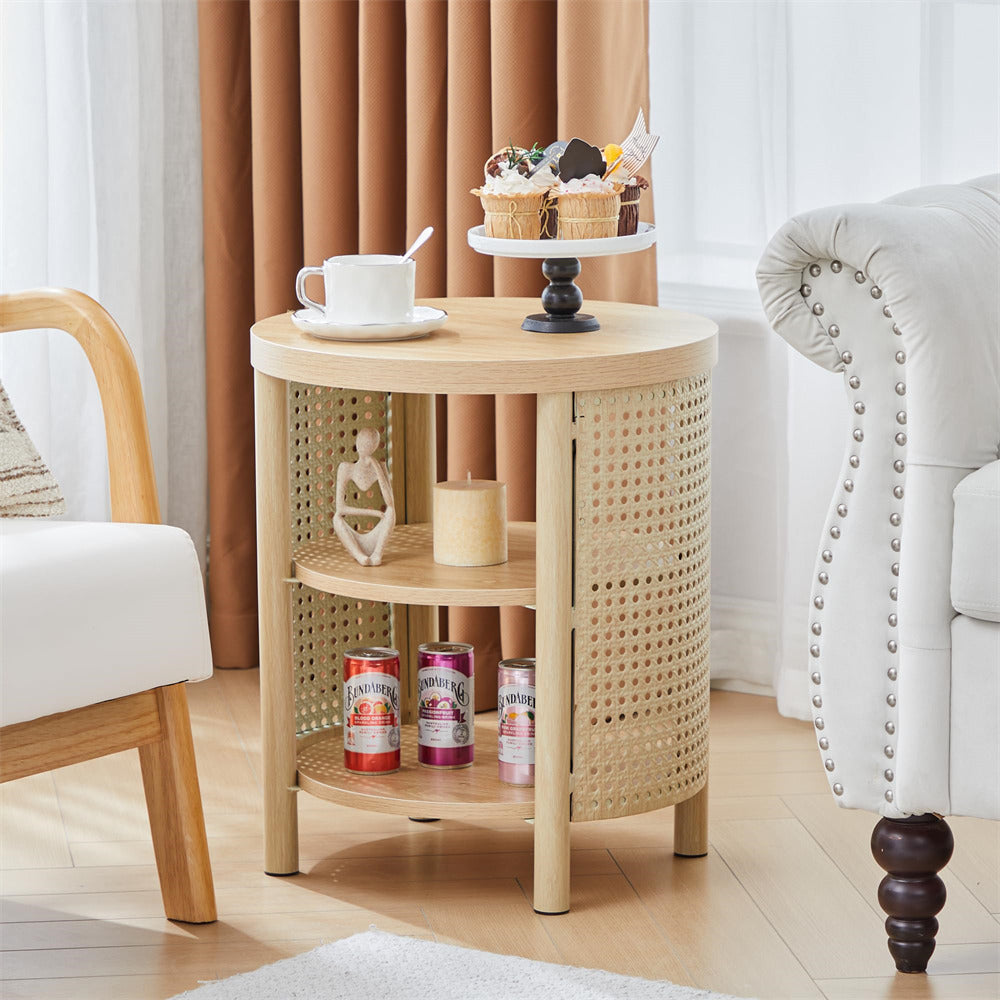 Round wooden side table with wicker design in a living room setting.