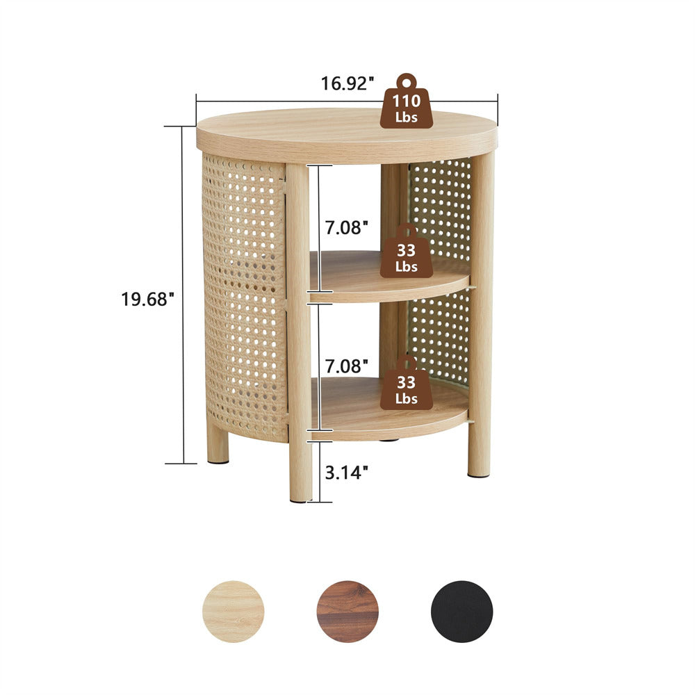 Wooden side table with dimensions and weight capacity on a white background