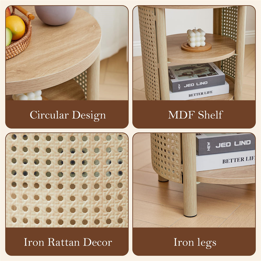 Collage of a wooden side table with circular design, MDF shelf, iron rattan decor, and iron legs.