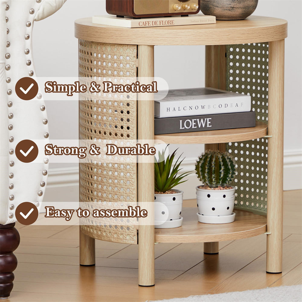 Wooden side table with wicker accents, books, and plants in a home setting.