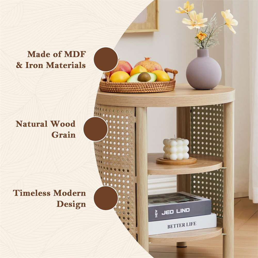 Wooden side table with natural wood grain, featuring a basket of fruit, vase, and books.