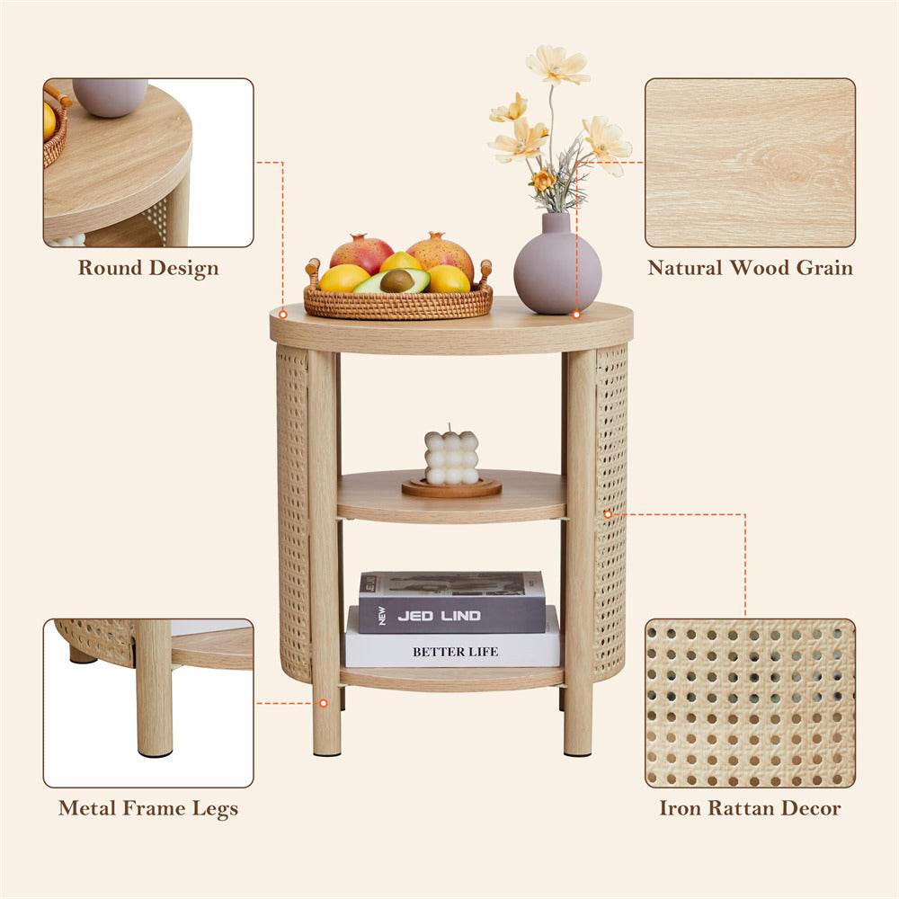 Round wooden side table with metal frame legs, natural wood grain finish, and iron rattan decor.