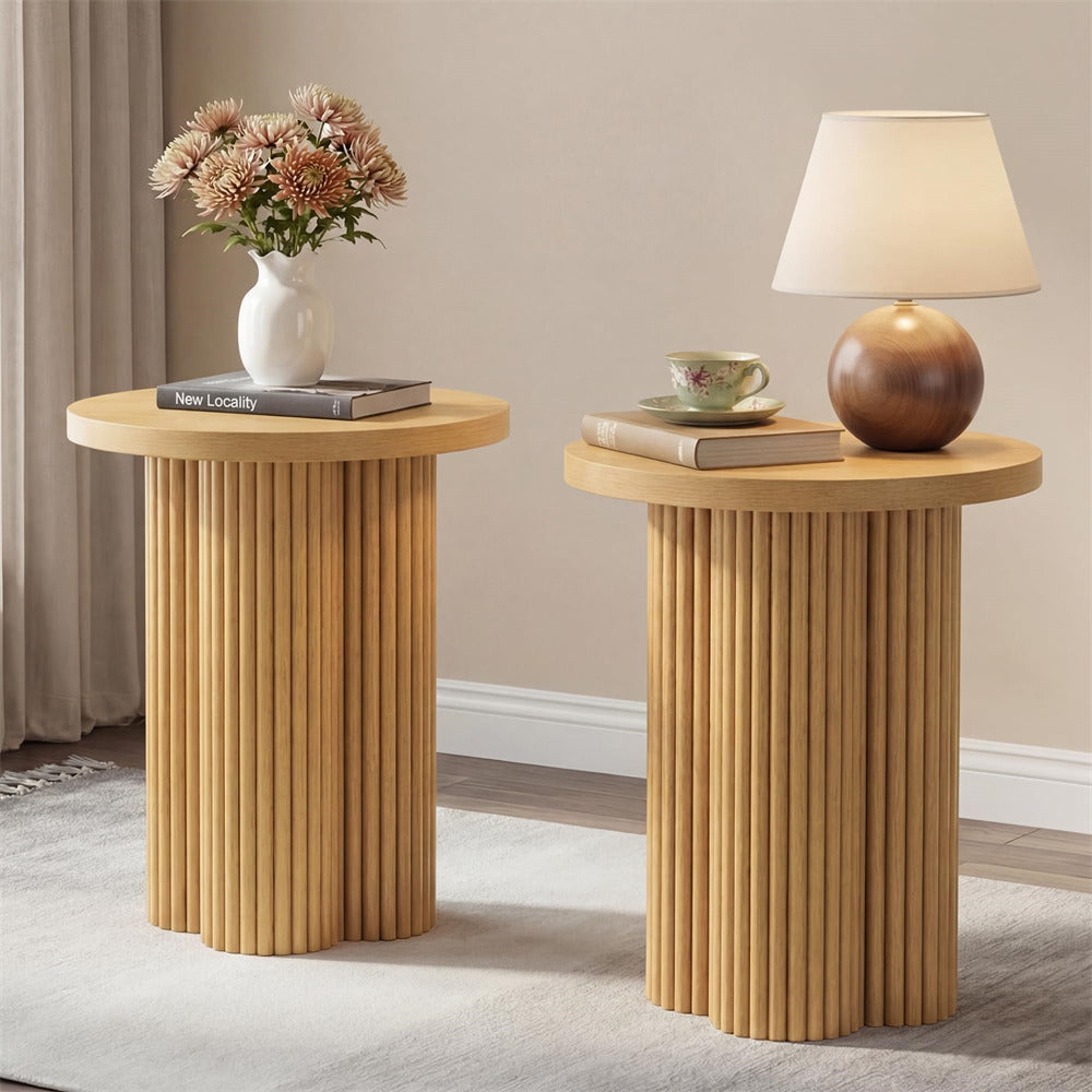 Natural 17.7'' Mid Century Modern Side Table Round Fluted End Table Set of 2