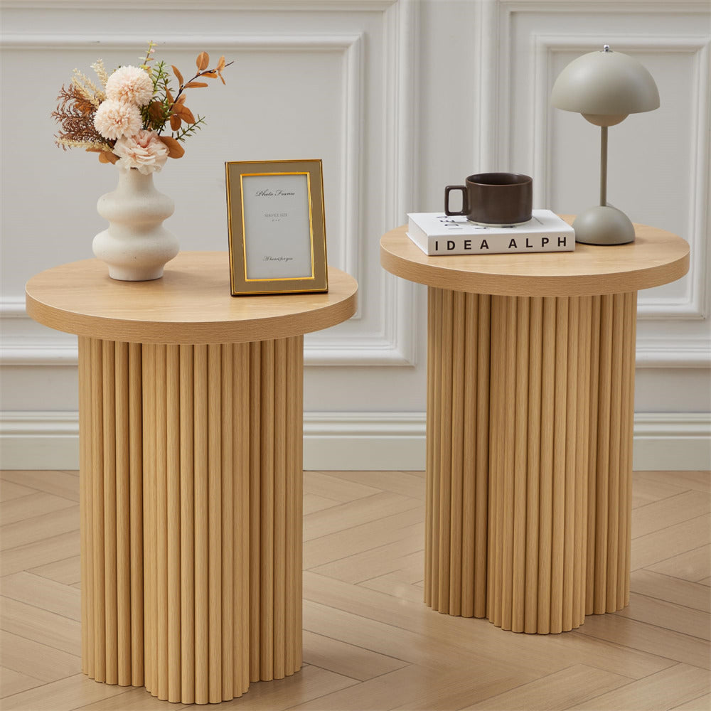 Natural 17.7'' Mid Century Modern Side Table Round Fluted End Table Set of 2
