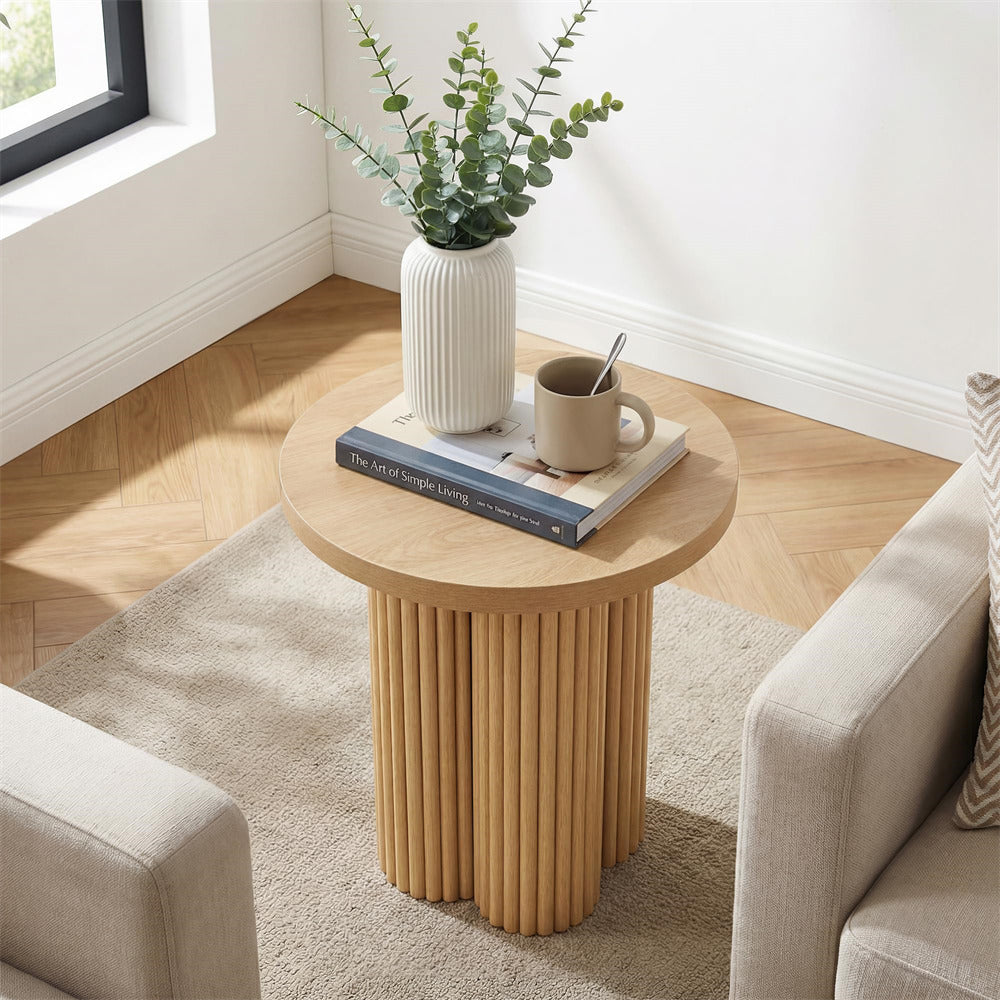 Natural 17.7'' Mid Century Modern Side Table Round Fluted End Table