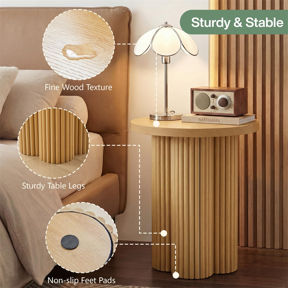 Wooden side table with lamp and radio, highlighting sturdiness and stability features.