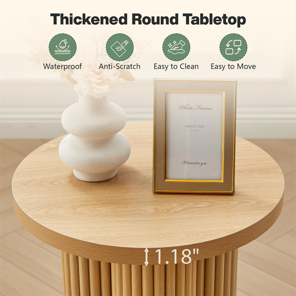 Round wooden table with a vase and photo frame on top, featuring icons and text about table properties.