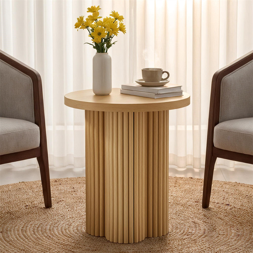Natural 17.7'' Mid Century Modern Side Table Round Fluted End Table