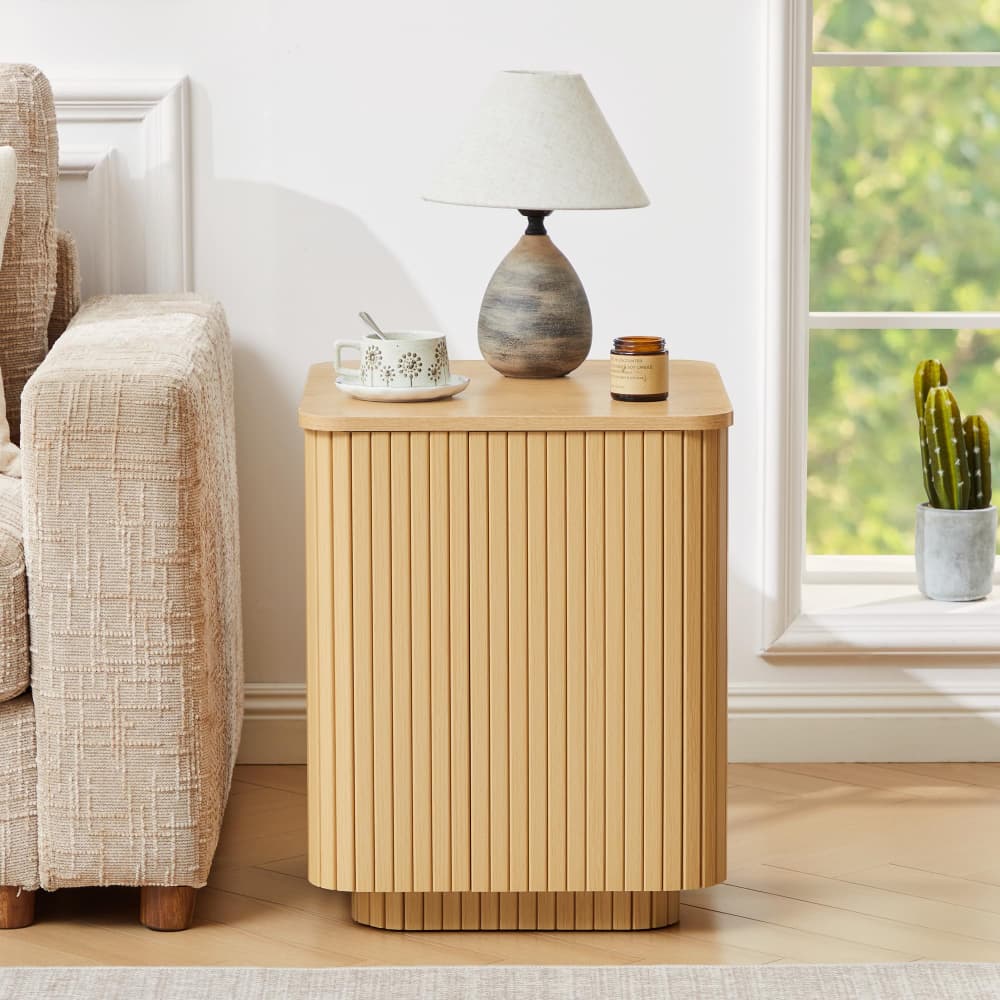 Natural 18" Square Fluted End Table with Removable Lid Access and Storage