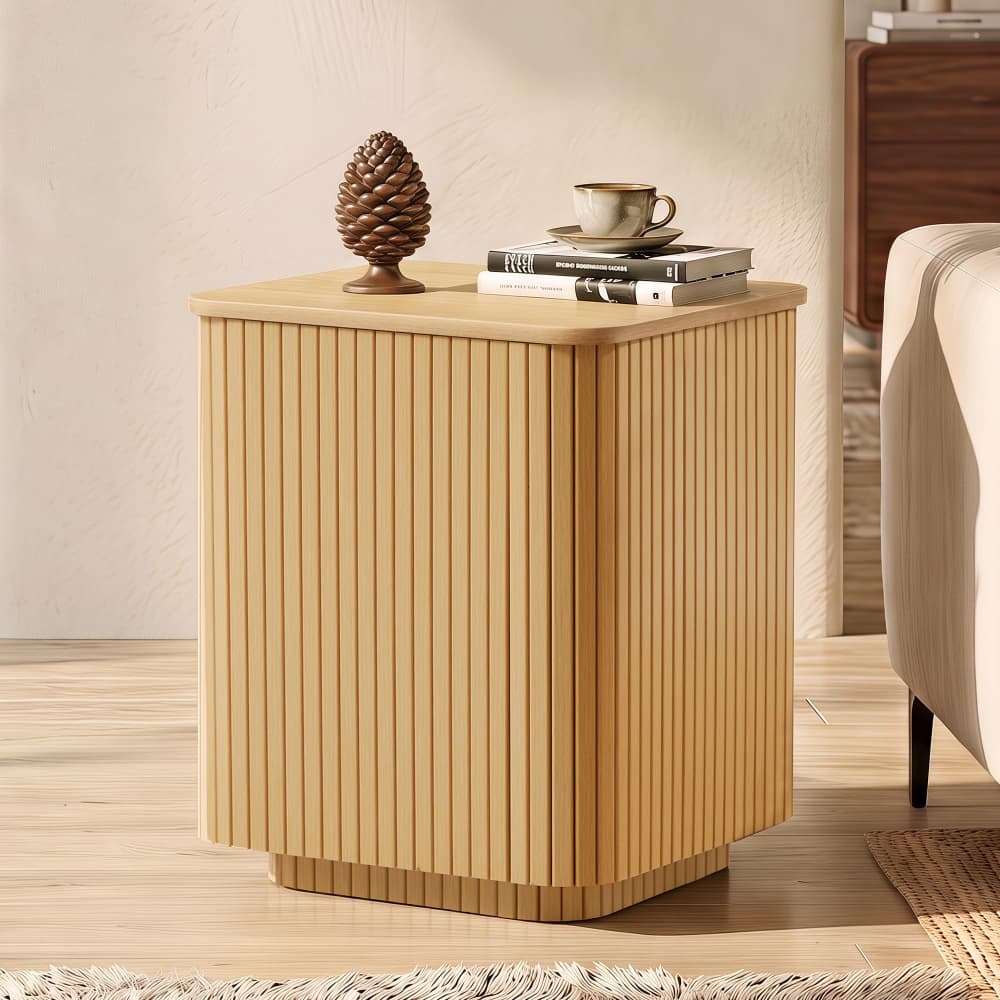 Natural 18" Square Fluted End Table with Removable Lid Access and Storage