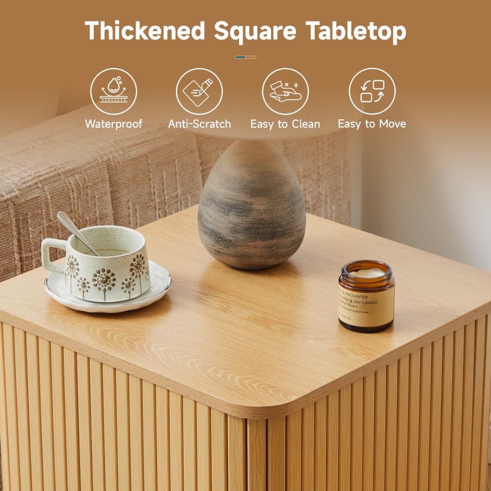 Natural 18" Square Fluted End Table with Removable Lid Access and Storage
