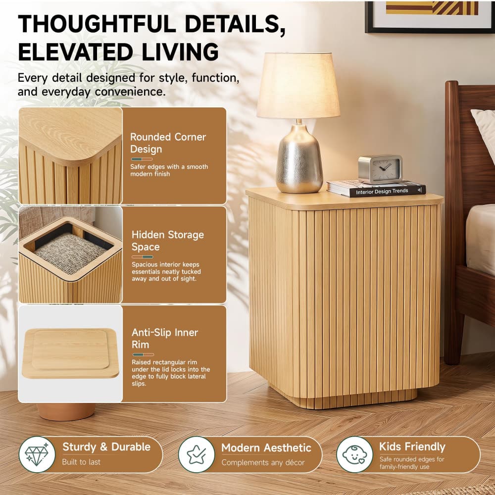 Natural 18" Square Fluted End Table with Removable Lid Access and Storage
