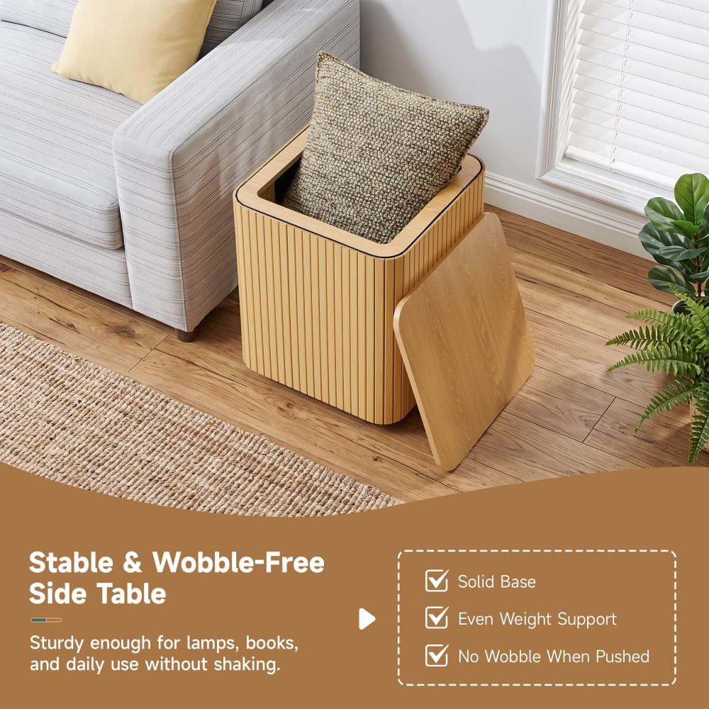 Natural 18" Square Fluted End Table with Removable Lid Access and Storage