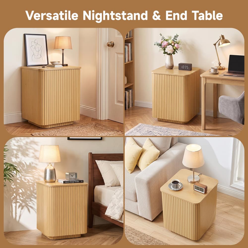 Natural 18" Square Fluted End Table with Removable Lid Access and Storage