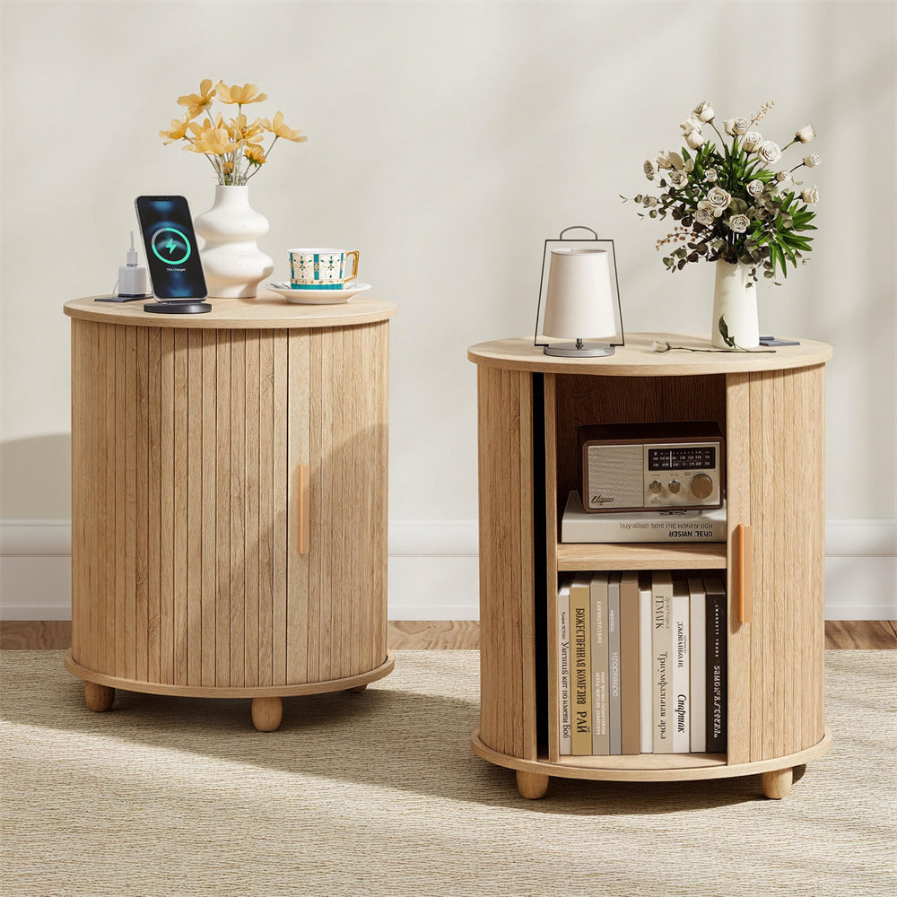 Two wooden side tables with decorative items on a neutral background