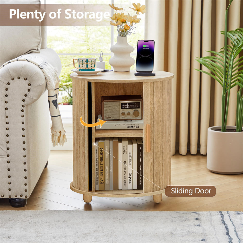 Wooden side table with sliding door in a living room setting