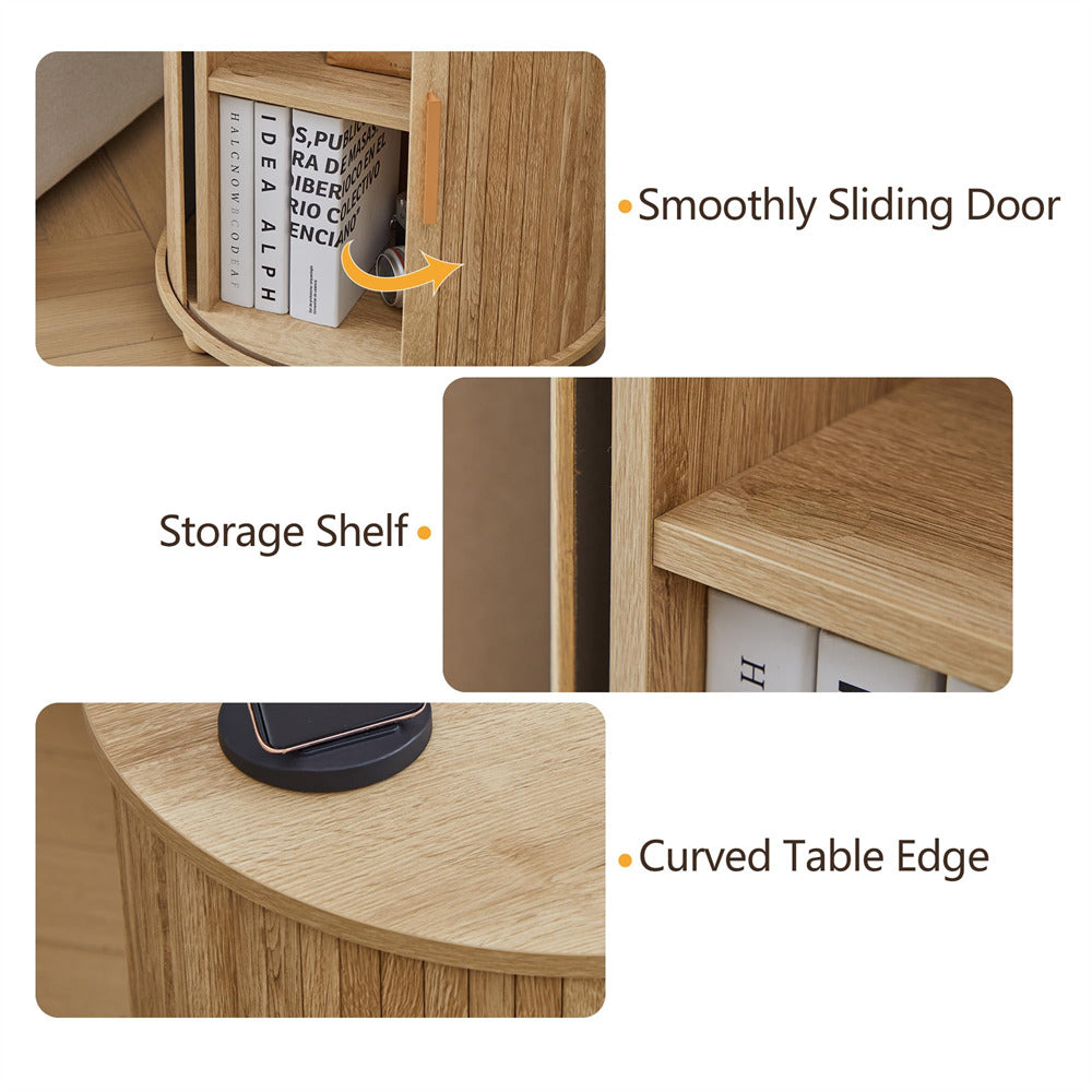 Wooden corner desk with features highlighted: smoothly sliding door, storage shelf, and curved table edge.