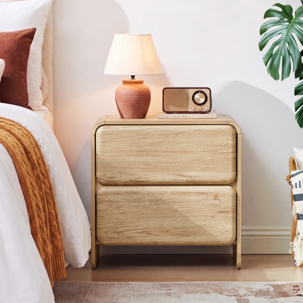 Natural 19.7'' Modern Nightstand Bedside Table with 2 Large Drawers and Hidden Handles