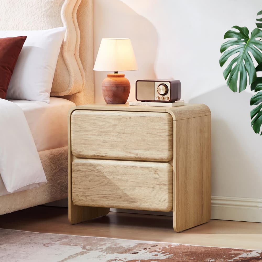 Natural 19.7'' Modern Nightstand Bedside Table with 2 Large Drawers and Hidden Handles