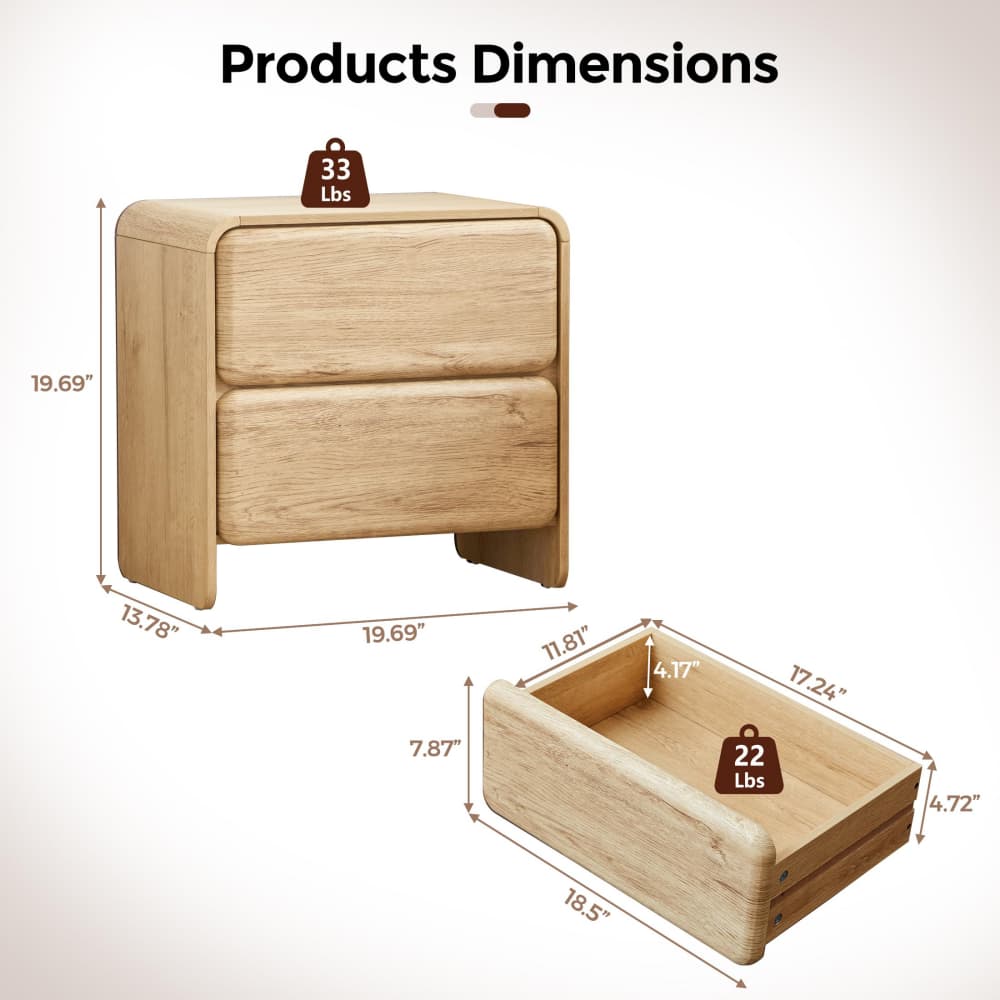Natural 19.7'' Modern Nightstand Bedside Table with 2 Large Drawers and Hidden Handles