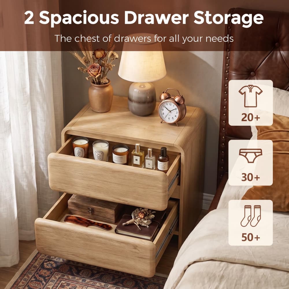 Natural 19.7'' Modern Nightstand Bedside Table with 2 Large Drawers and Hidden Handles