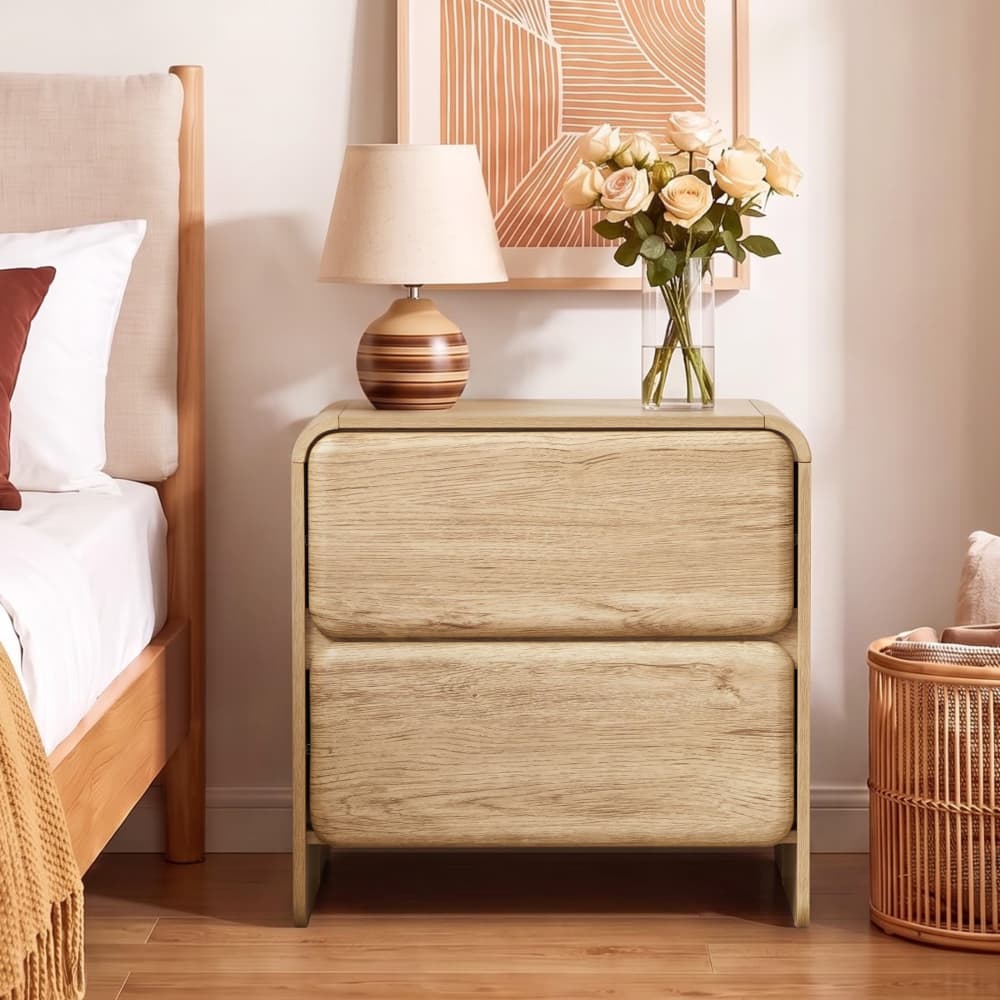 Natural 19.7'' Modern Nightstand Bedside Table with 2 Large Drawers and Hidden Handles